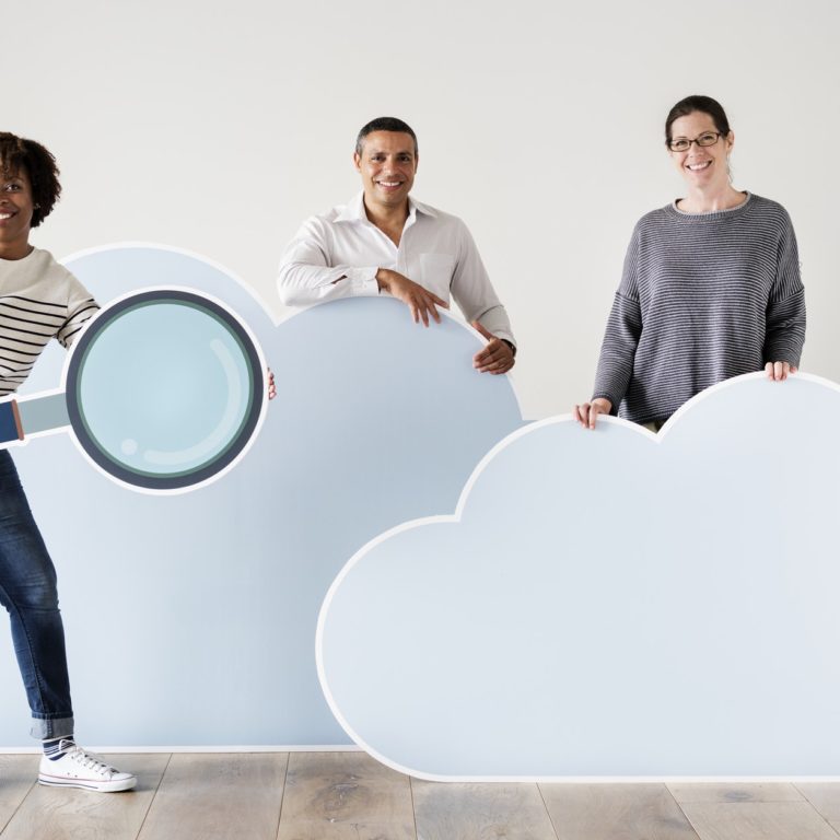 Happy people with cloud and technology icons