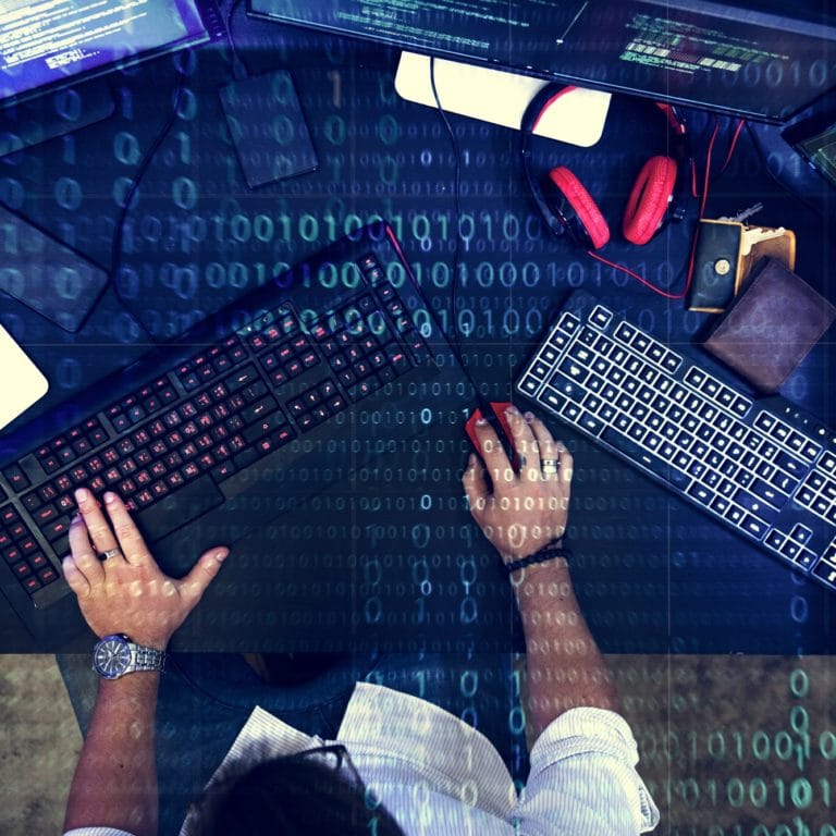 Programmer working about software cyberspace