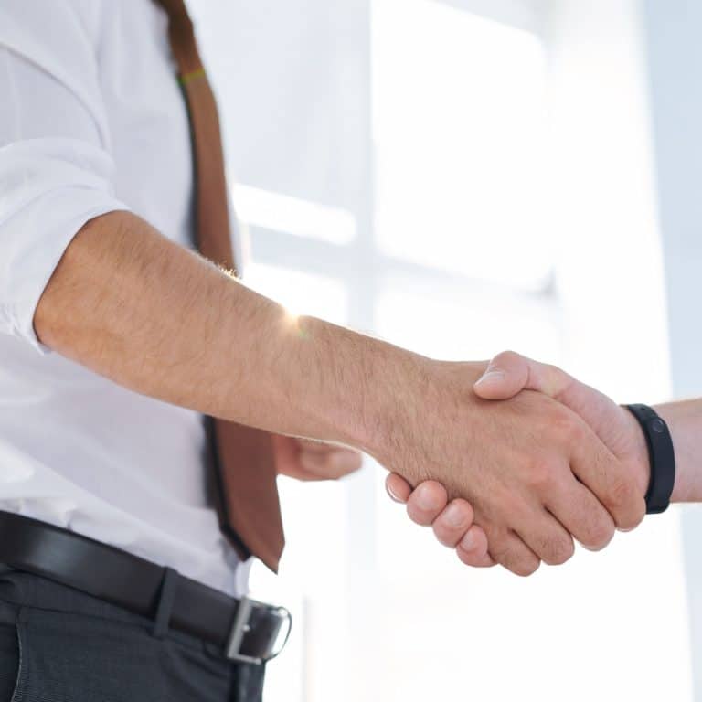 Young elegant businessman greeting his partner by handshake