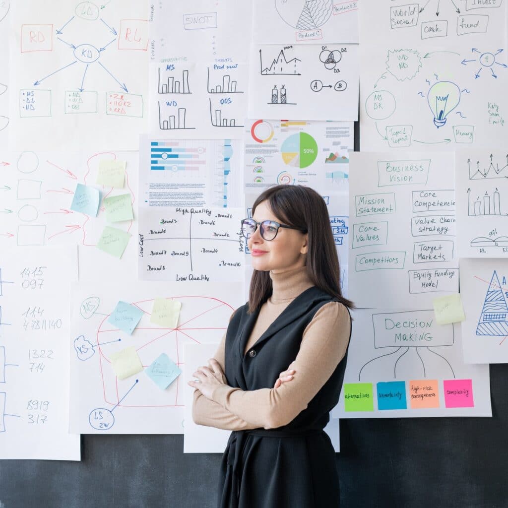 Young successful female economist with crossed arms standing by blackboard